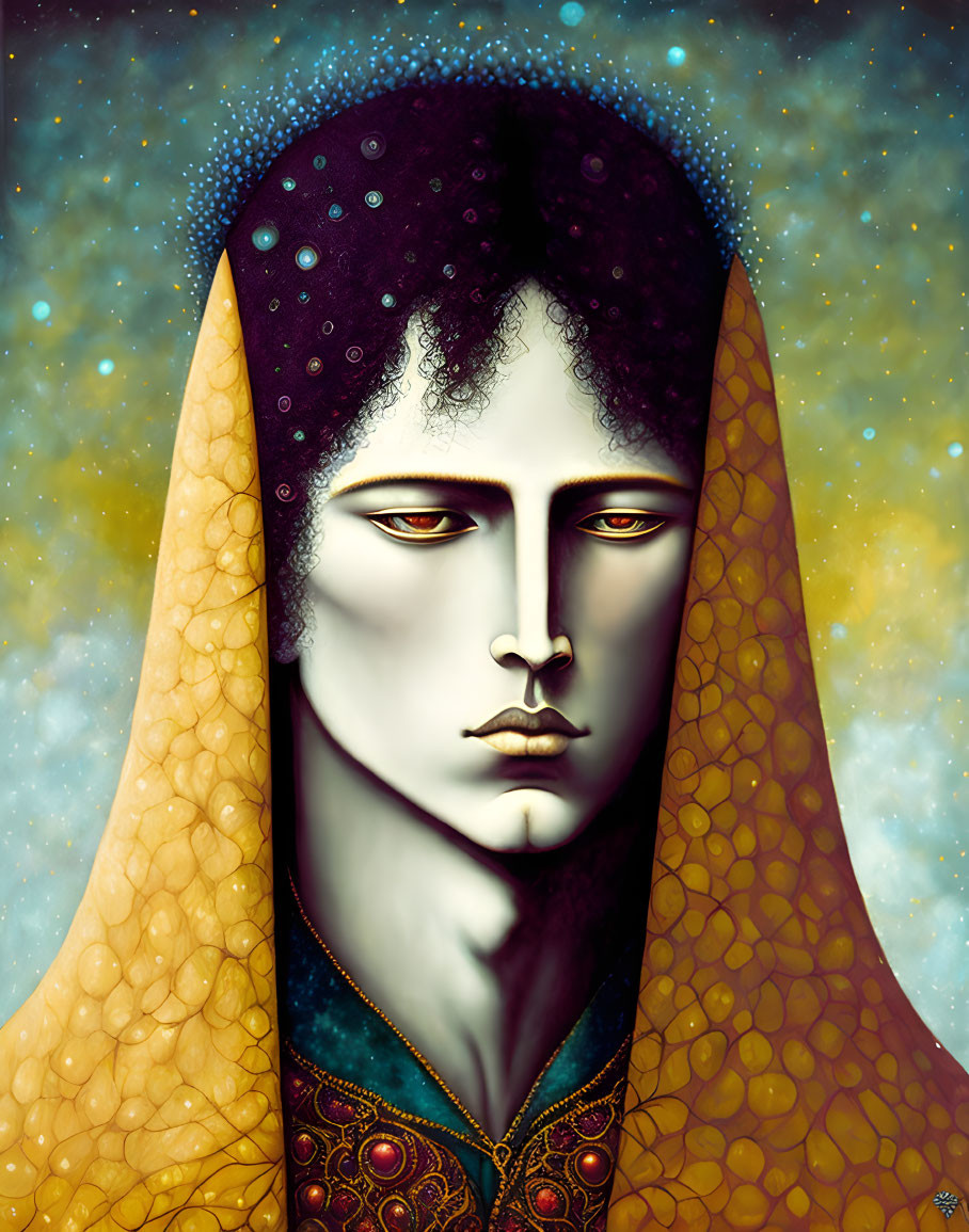 Illustrated portrait of person with starry headscarf and hypnotic eyes against cosmic background