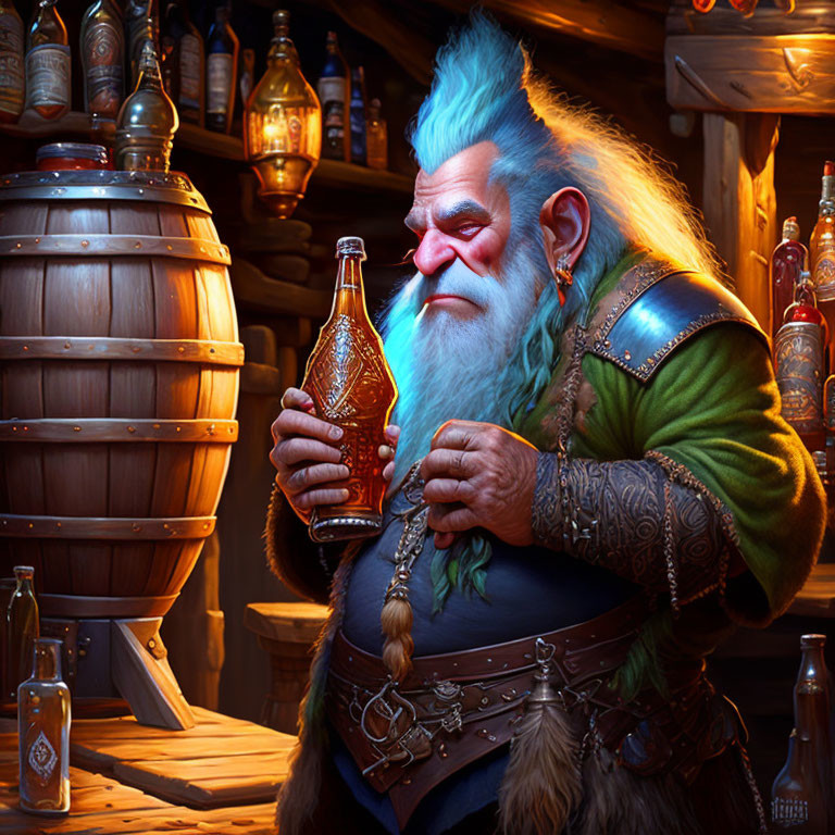 Detailed illustration of elderly fantasy dwarf with blue hair and beard, holding glass bottle in cozy tavern setting.