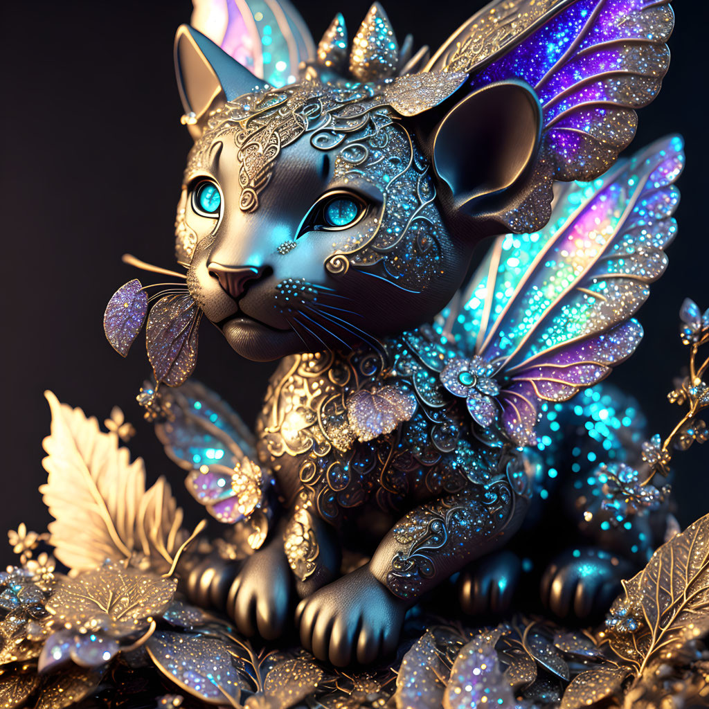 Mystical black cat with iridescent butterfly wings and ornate patterns among golden leaves