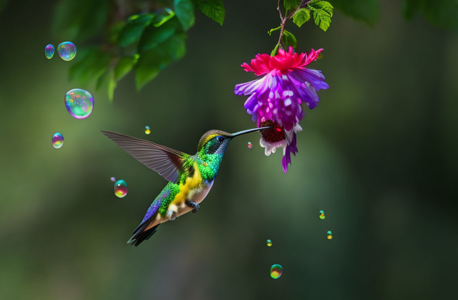 Iridescent hummingbird feeding on pink and purple flower in lush green setting