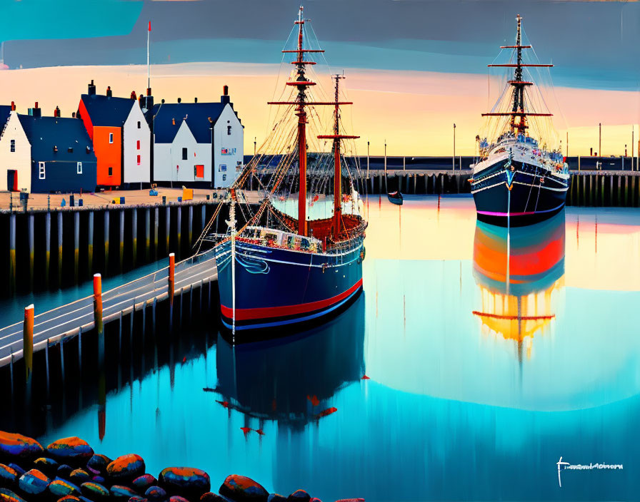 Tall ships at tranquil harbor with colorful reflections at dusk