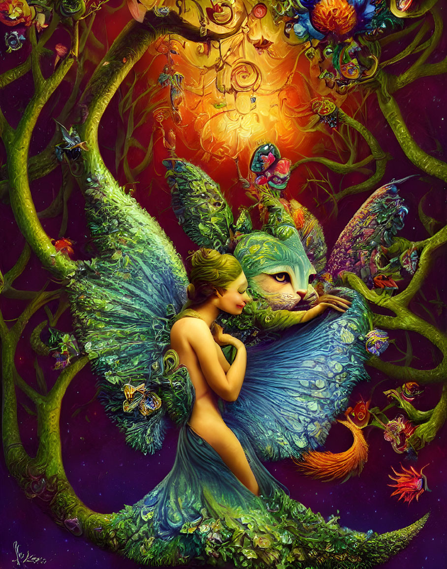 Fantastical winged woman embracing wise cat with peacock wings in vibrant nature scene