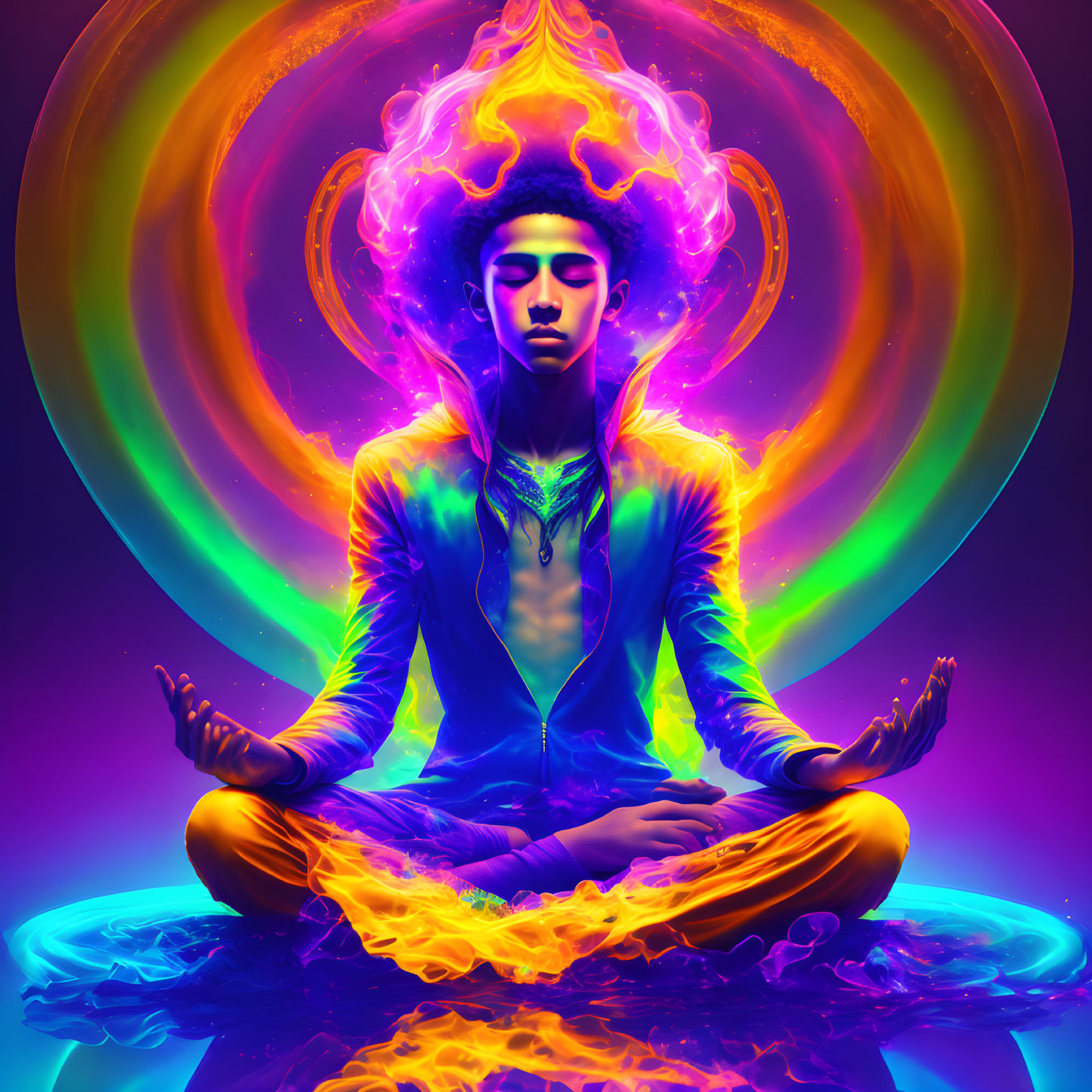 Meditating figure with glowing chakras and fiery energy on colorful backdrop