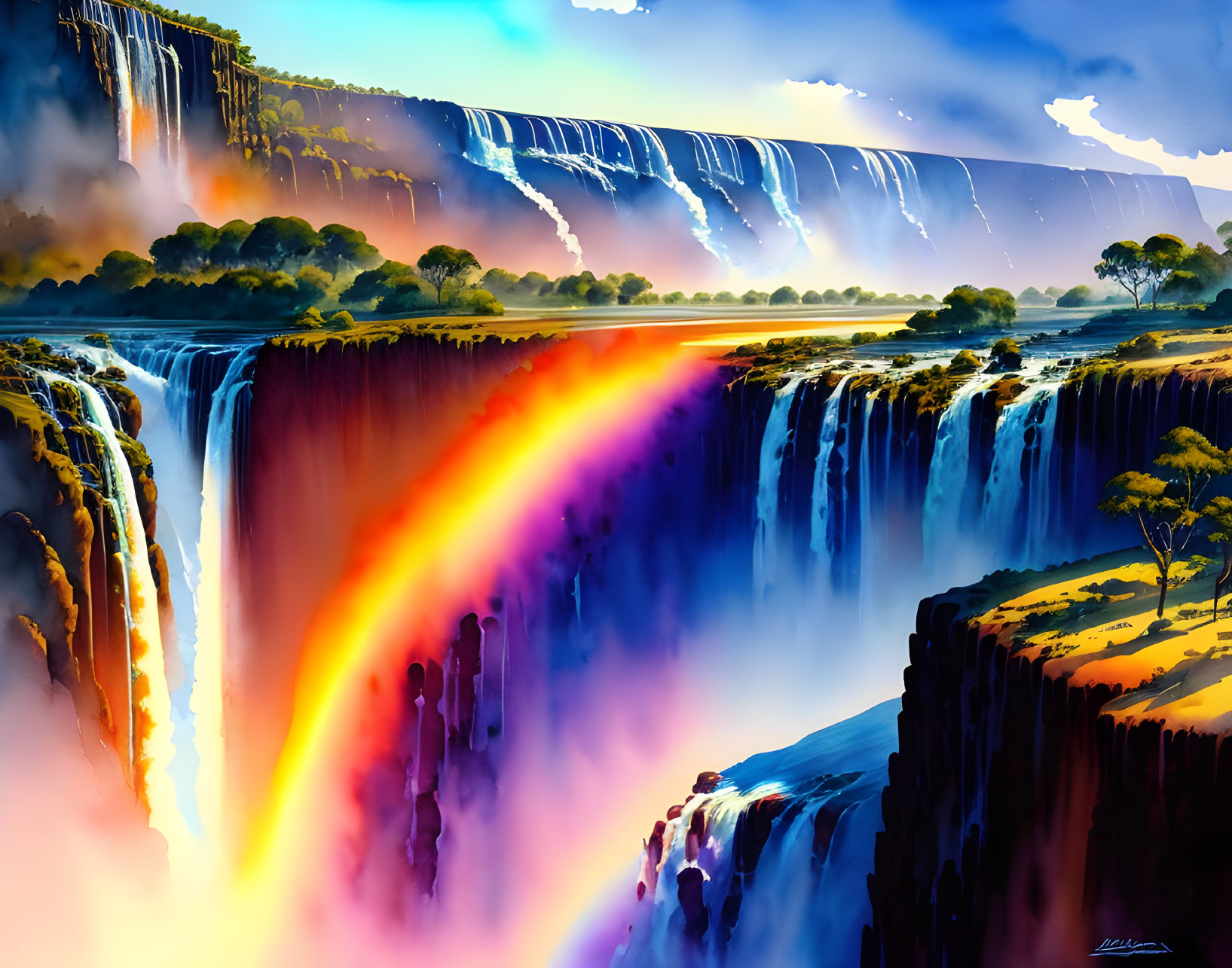 Digital artwork of majestic waterfall with rainbow, lush trees, and blue sky