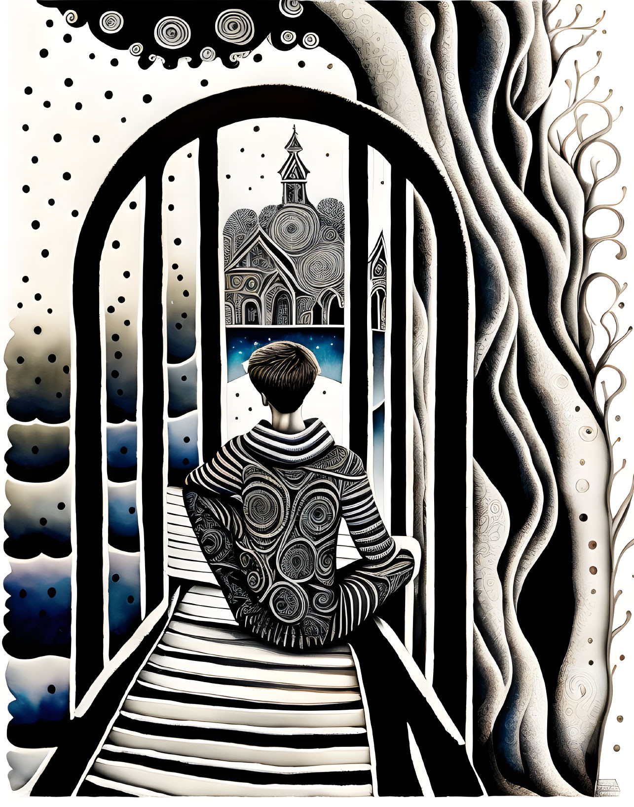 Surreal illustration of person on stairs gazing at church through gate