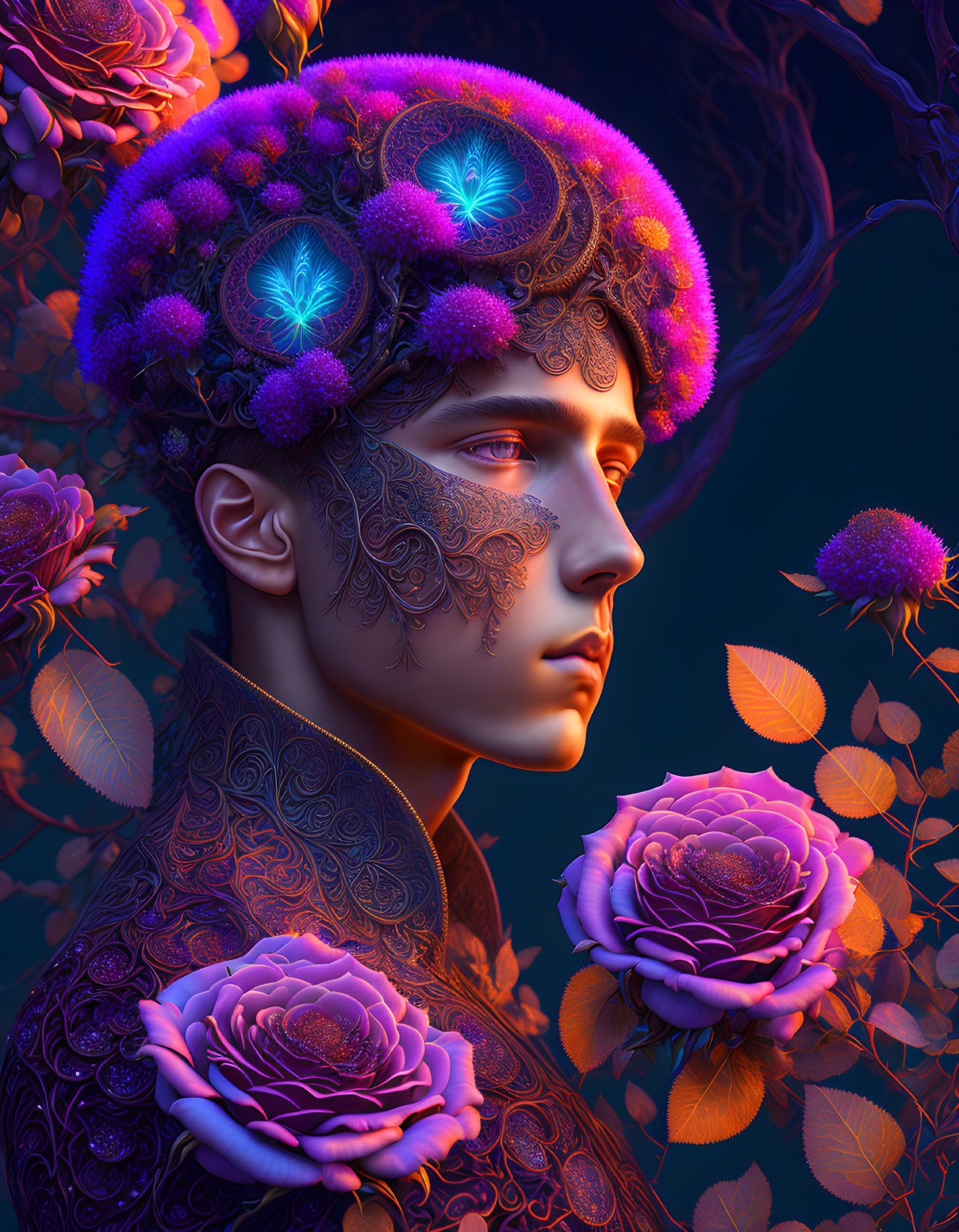 Surreal portrait of person with floral patterns and glowing crown