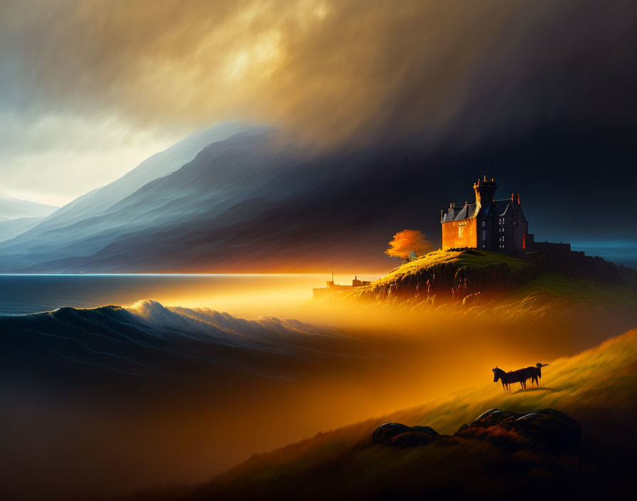 Castle on hill overlooking turbulent sea with silhouetted horse and dramatic sky