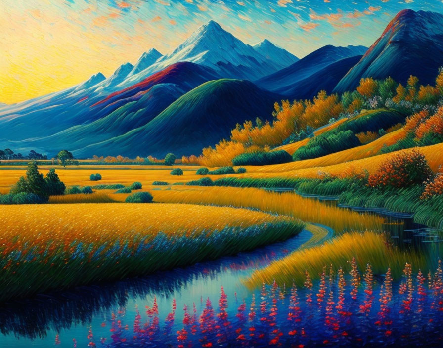 Scenic painting of meandering river in golden fields