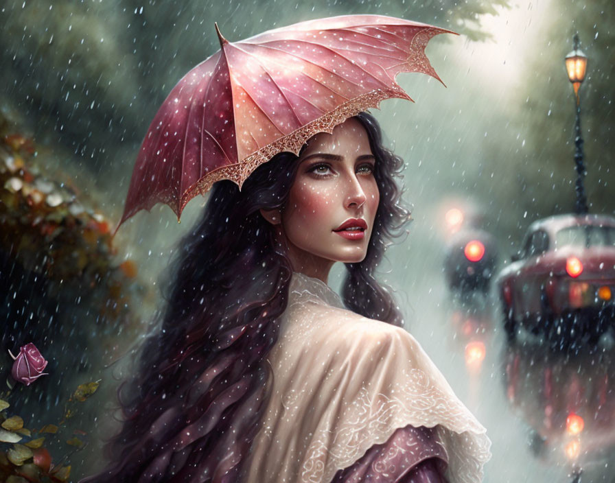 Woman with Wavy Hair Holding Pink Umbrella in Rainy City Scene