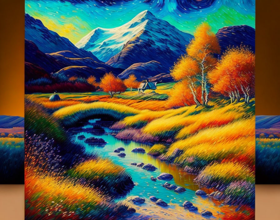 Colorful Landscape Painting with Mountain, Trees, River, and House