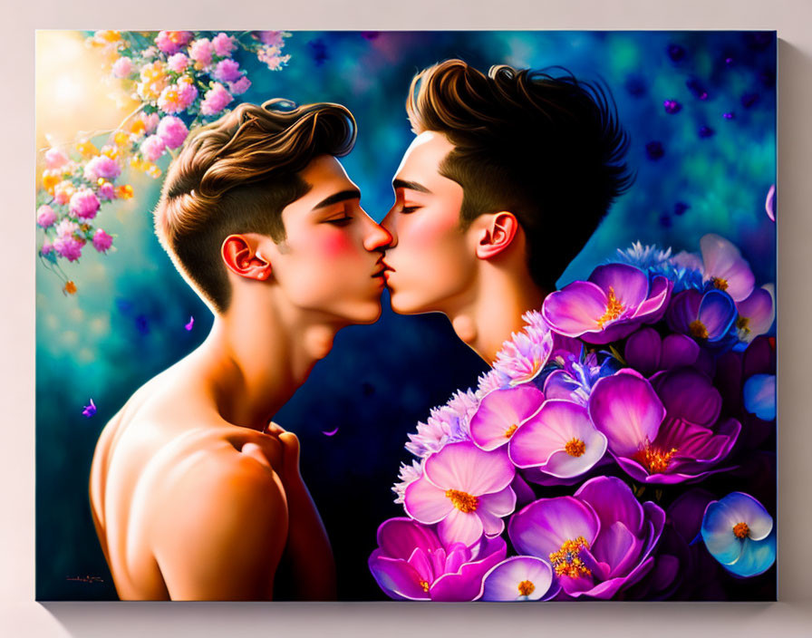 Vibrant painting of two people kissing in a floral setting