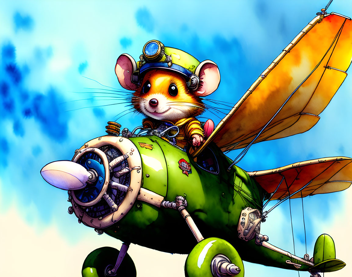 Animated mouse in aviator gear flies vintage green airplane in blue sky.