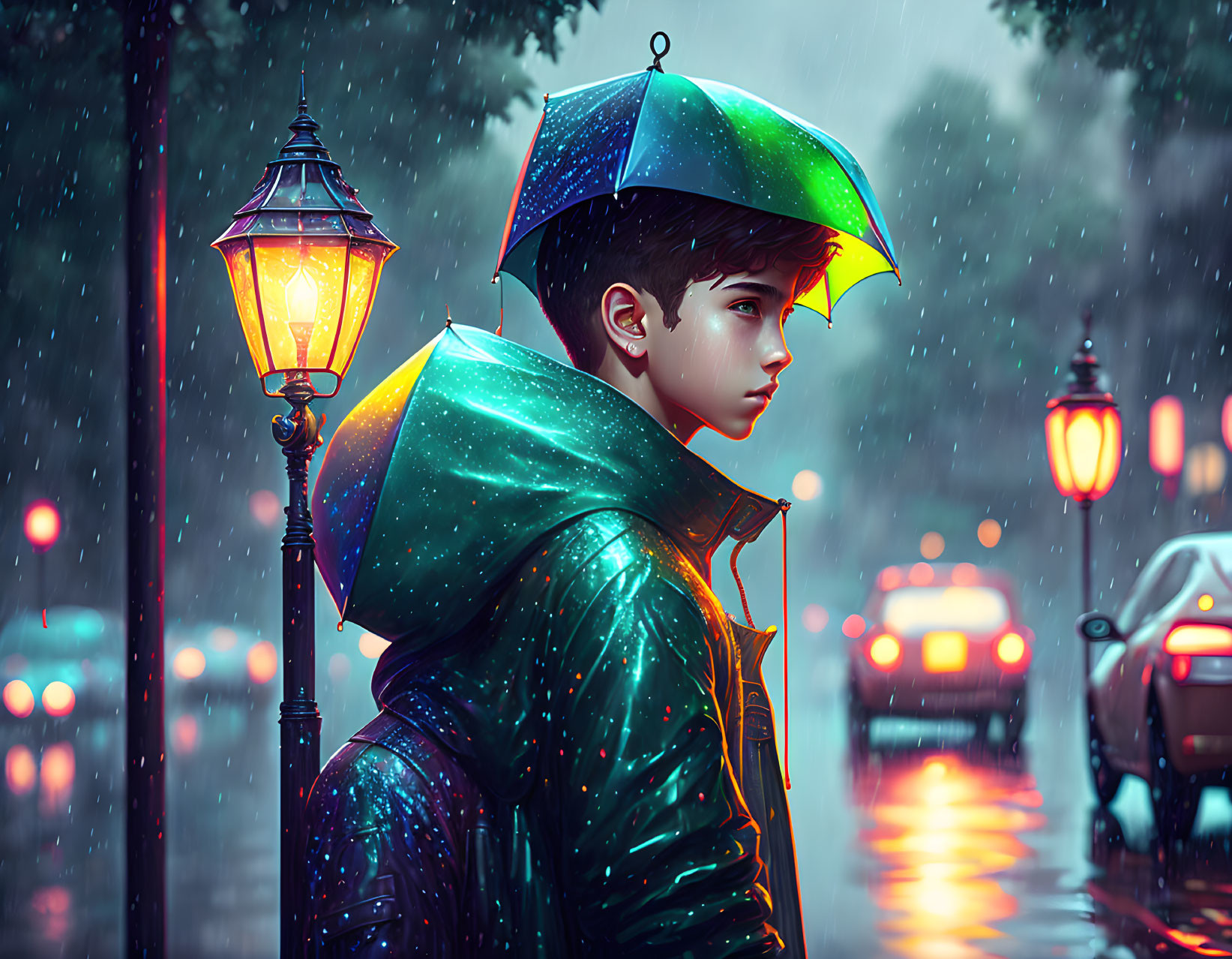 Colorful umbrella boy in rain with street lamp and city lights.