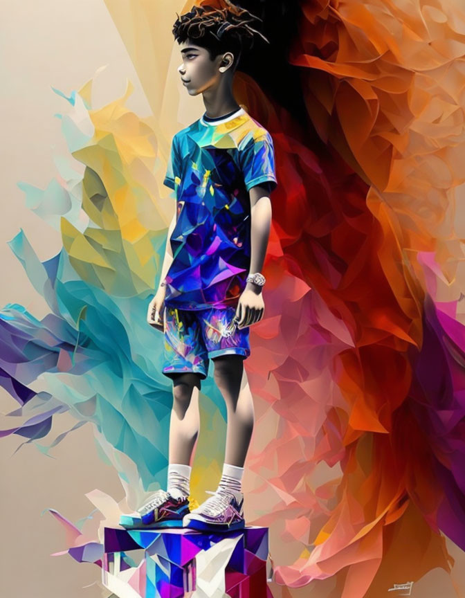 Colorful digital artwork: Boy on geometric cube with abstract shapes