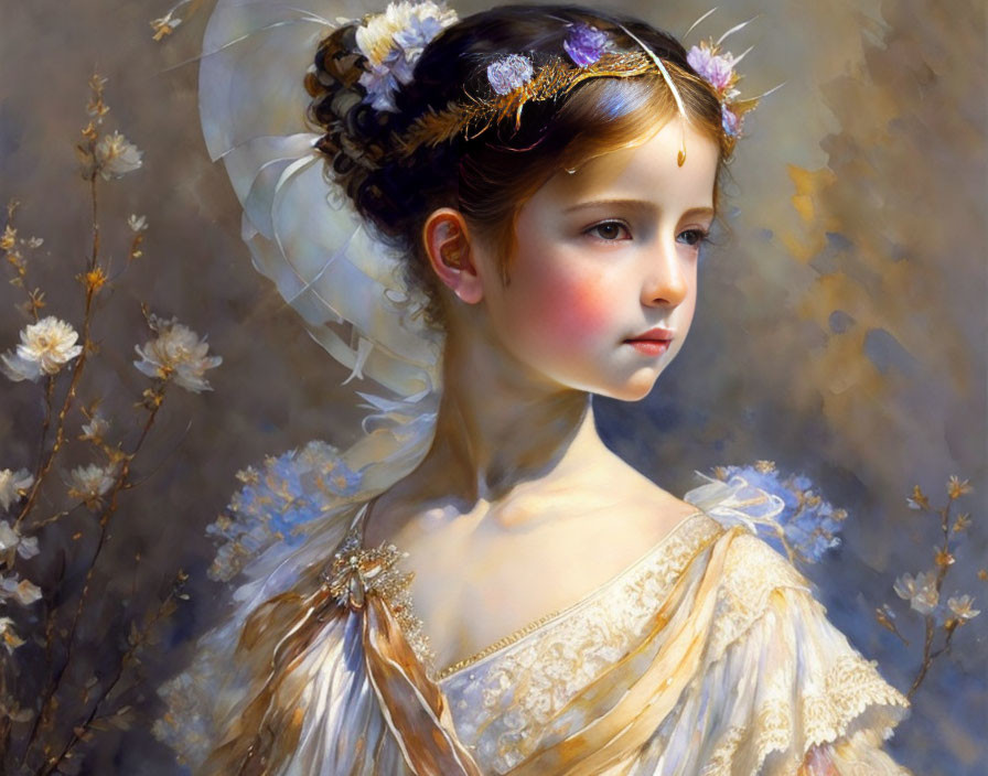 Serene young girl portrait with white headpiece and floral decor