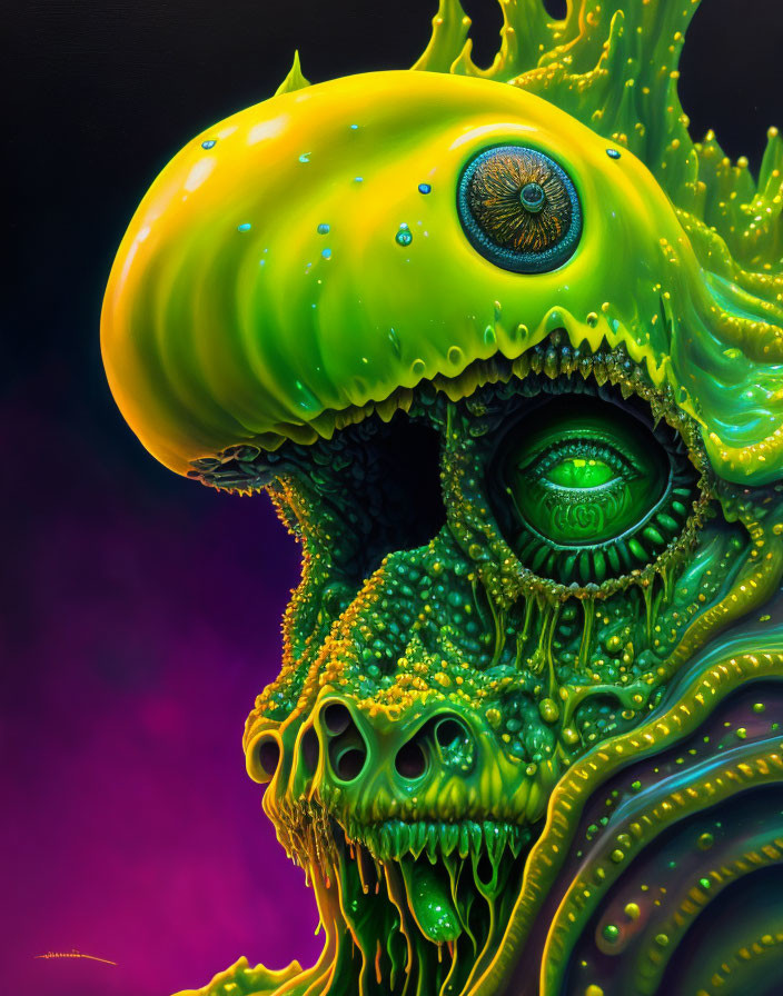 Detailed artwork of green, slime-covered creature with multiple eyes and sharp teeth on intricate skin textures against purple