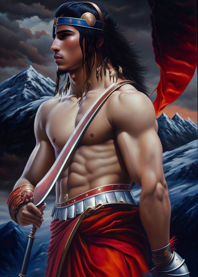 Muscular warrior in ancient attire with staff and red cloak against stormy mountains