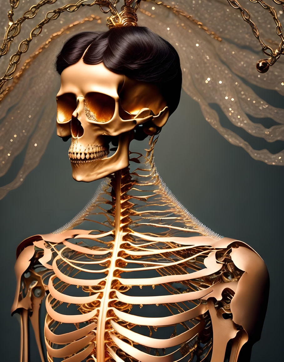 Golden Skeleton with Elegant Hairstyle and Chains on Dark Background