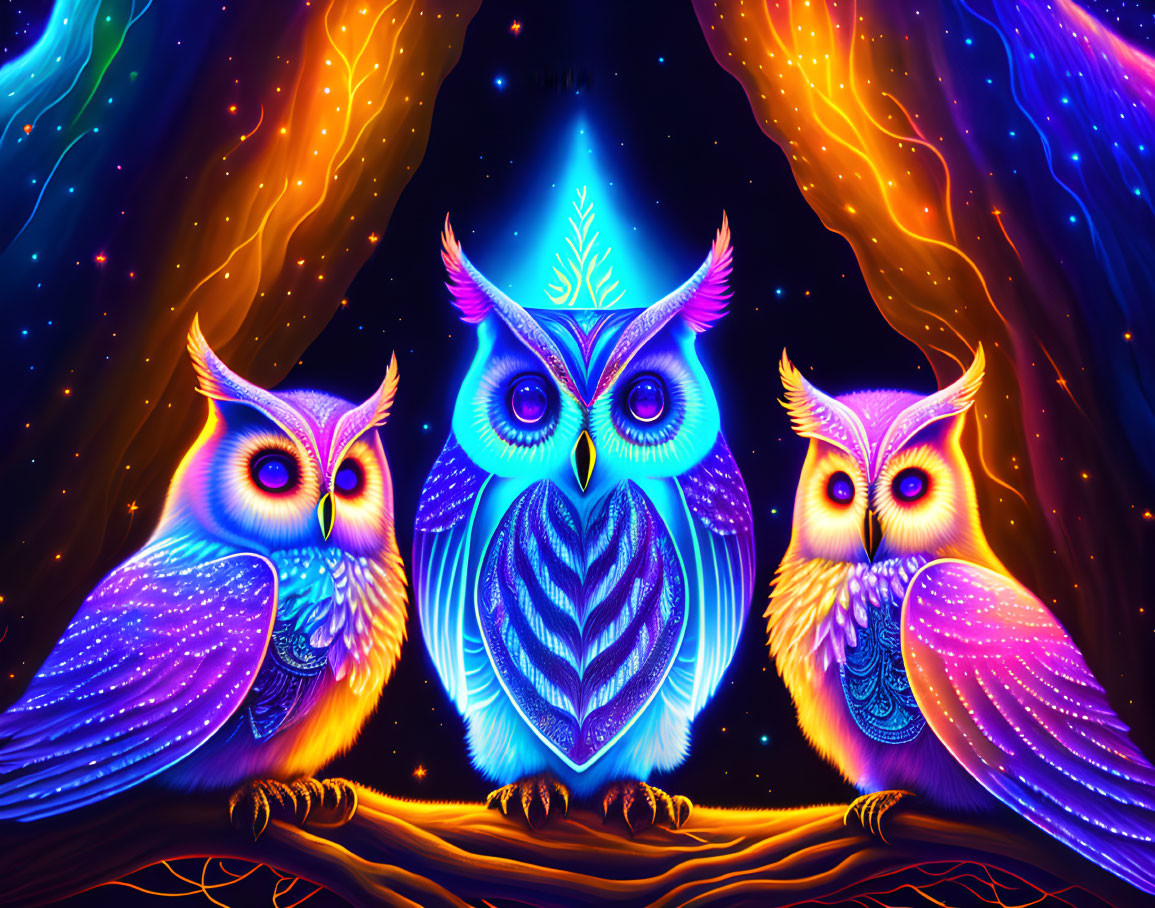 Colorful Owls Perched on Branch Against Cosmic Background