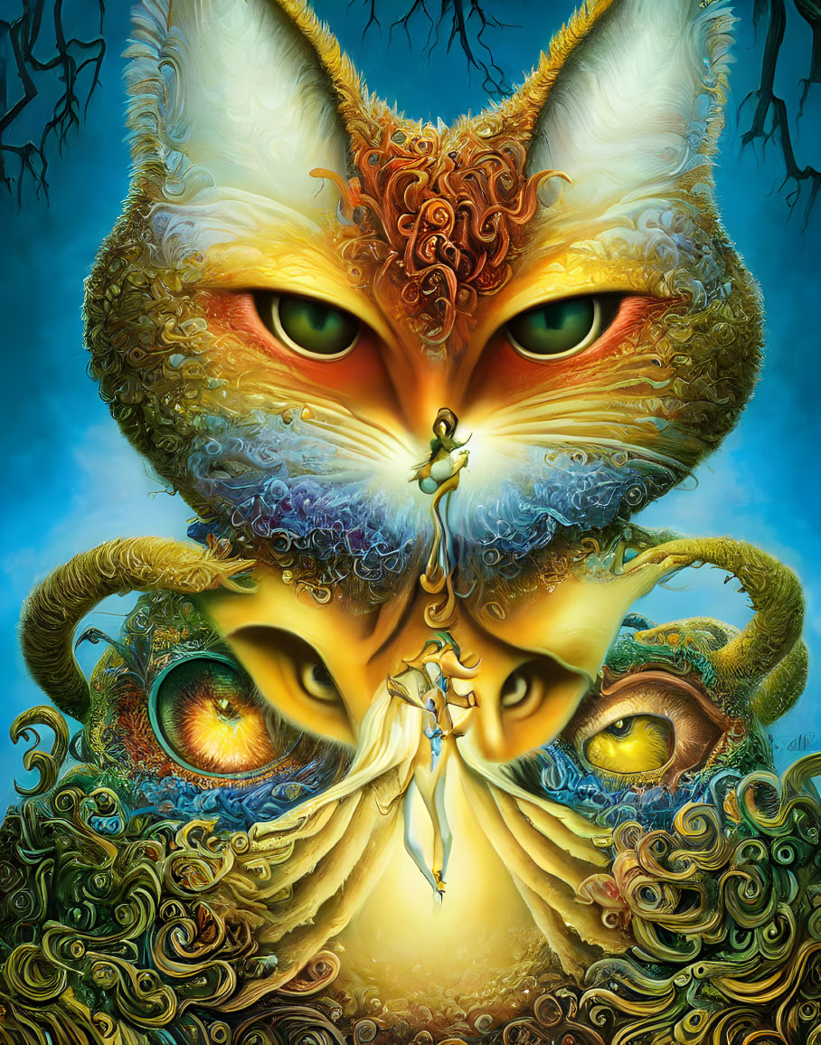 Surreal artwork featuring multi-eyed cat-like creature and human figure