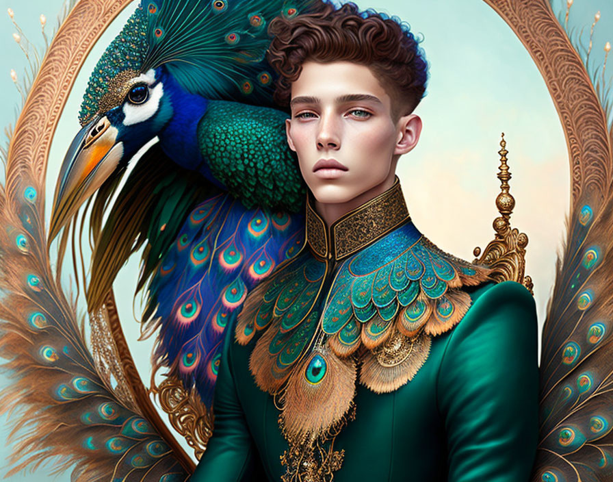 Digital artwork: Young man with peacock features, vibrant plumage collar, majestic headdress