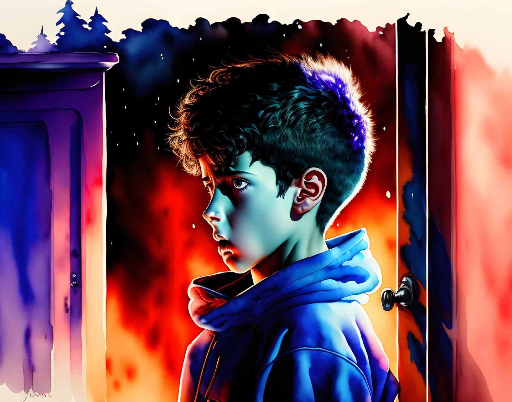 Young boy's stylized digital portrait with dark hair in vibrant blue and red hues