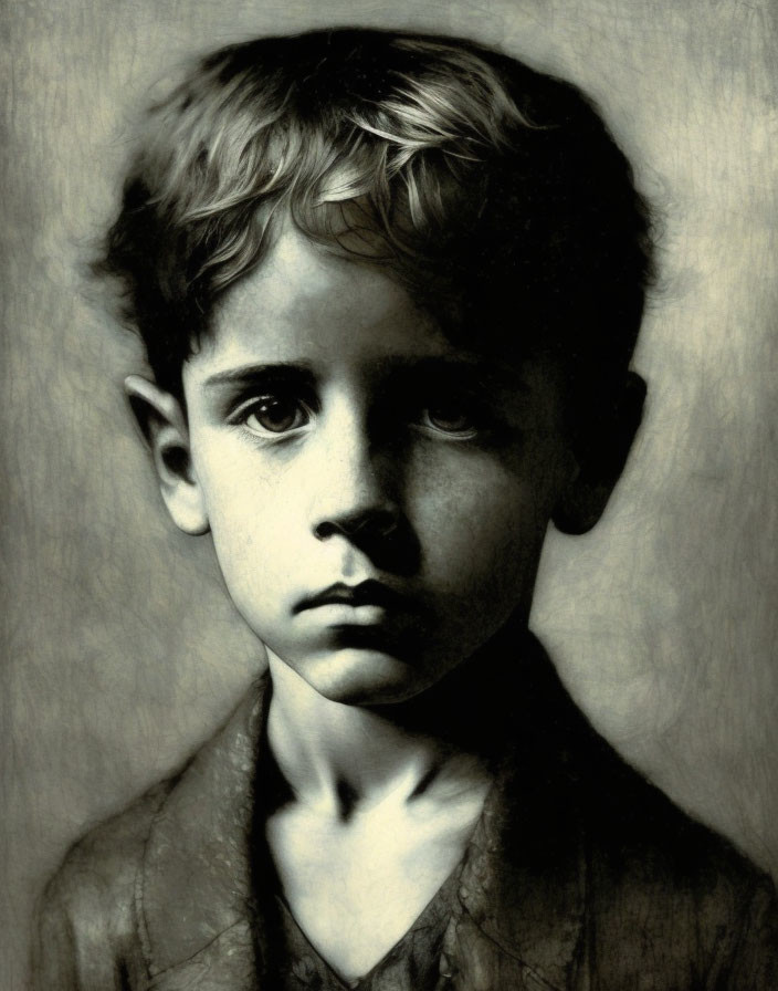 Monochrome portrait of young boy with intense gaze and tousled hair