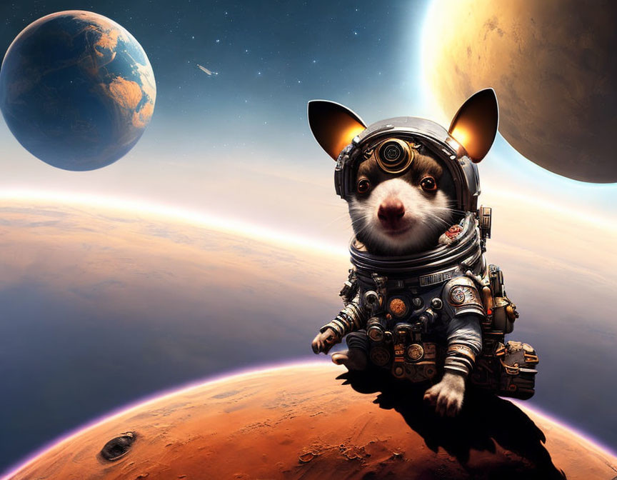 Chihuahua in astronaut suit on Mars-like planet with Earth and moon in background