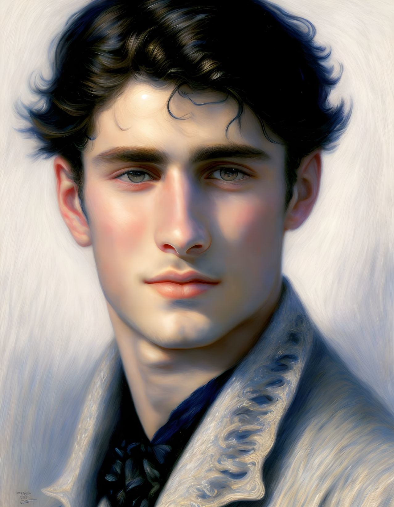 Portrait of a young man with curly dark hair and embroidered jacket