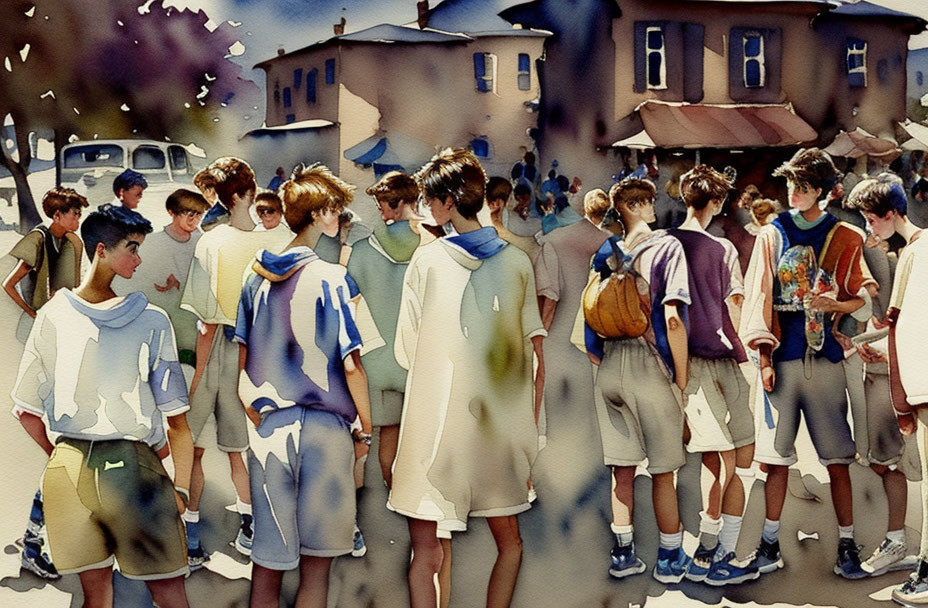 Casually Dressed People Gathering Outdoors in Watercolor Painting Style