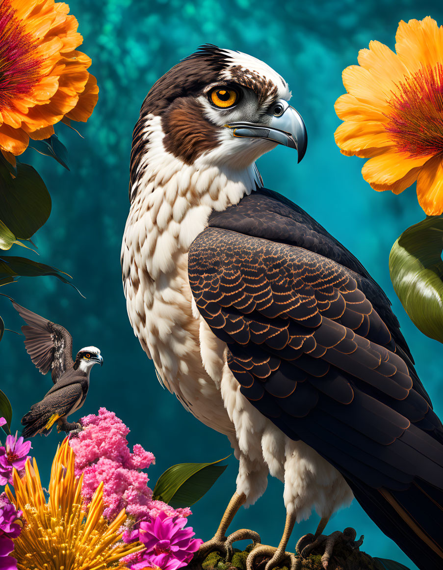 Detailed Osprey Perched Beside Vibrant Flowers and Blue Sky