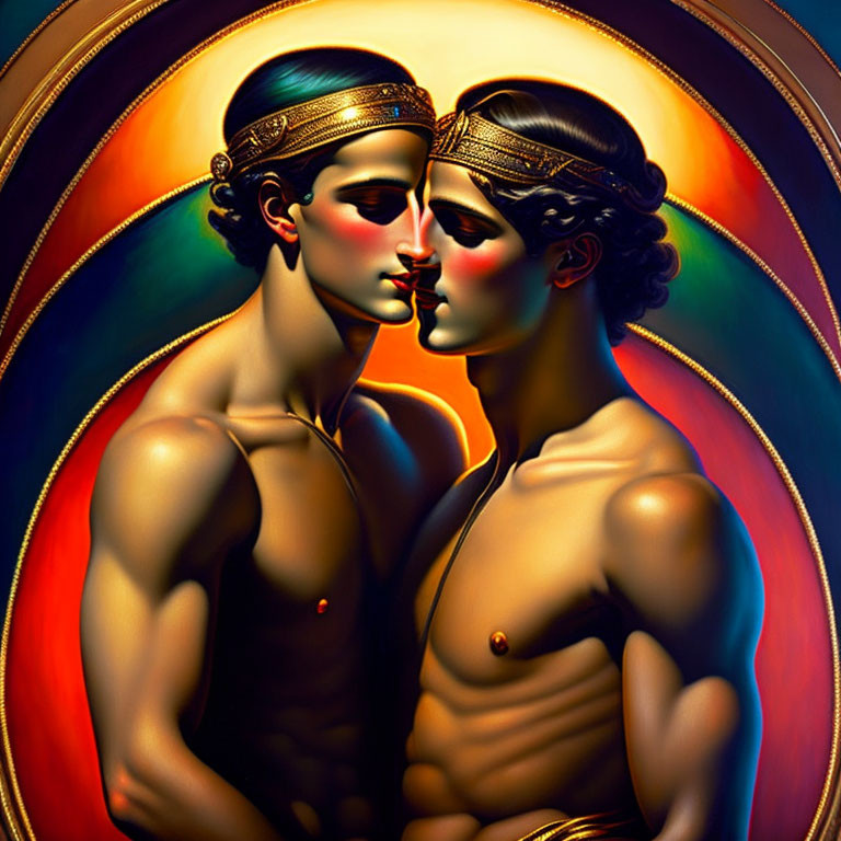 Symmetrically posed shirtless individuals touching foreheads on colorful background