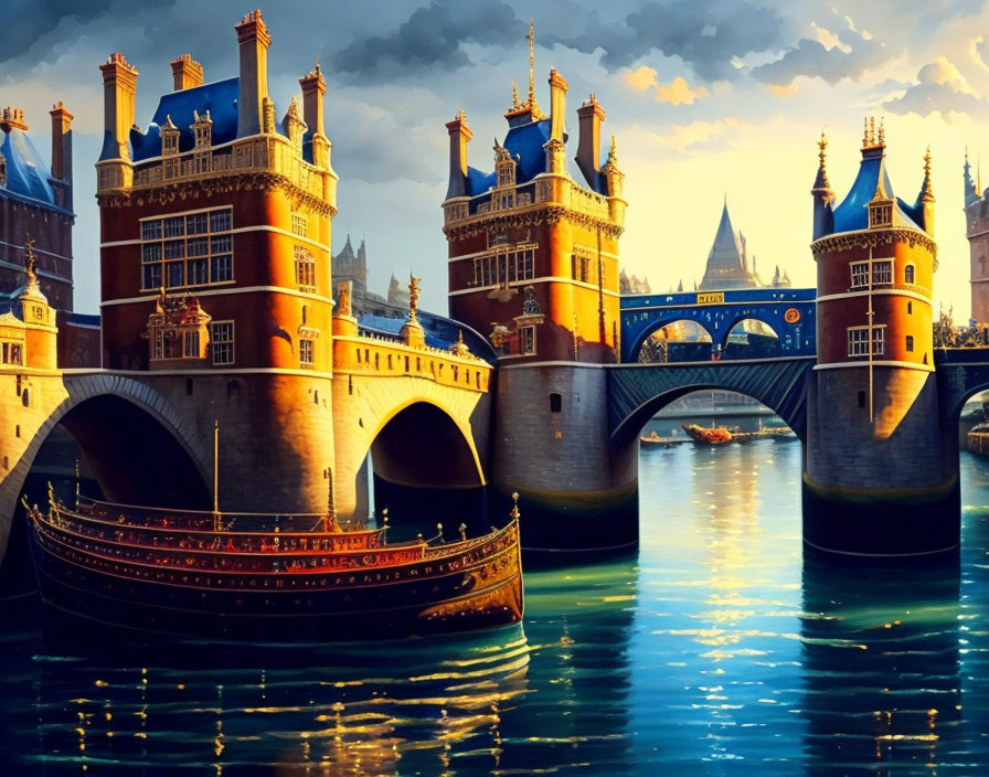 Illustration of ornate medieval-style bridge over river with boat, under dramatic sky