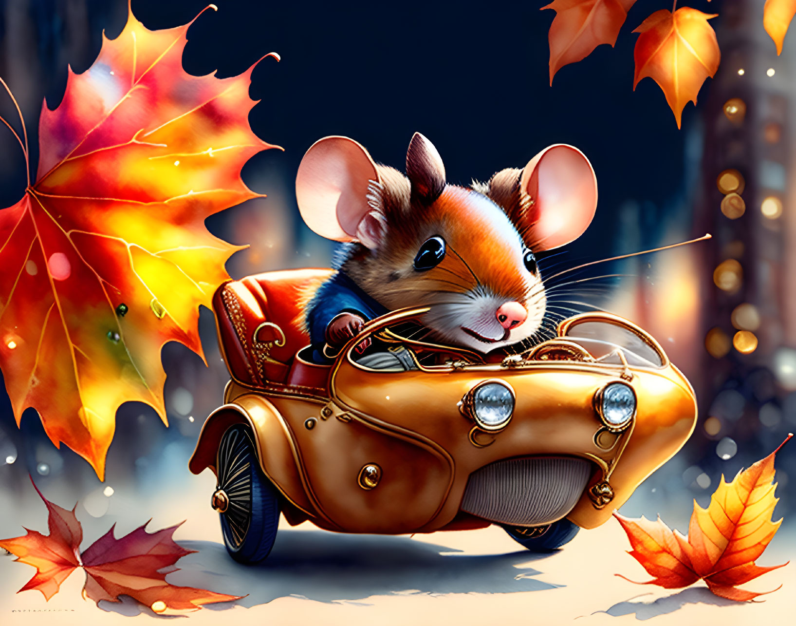 Whimsical mouse in goggles driving toy car in autumn cityscape