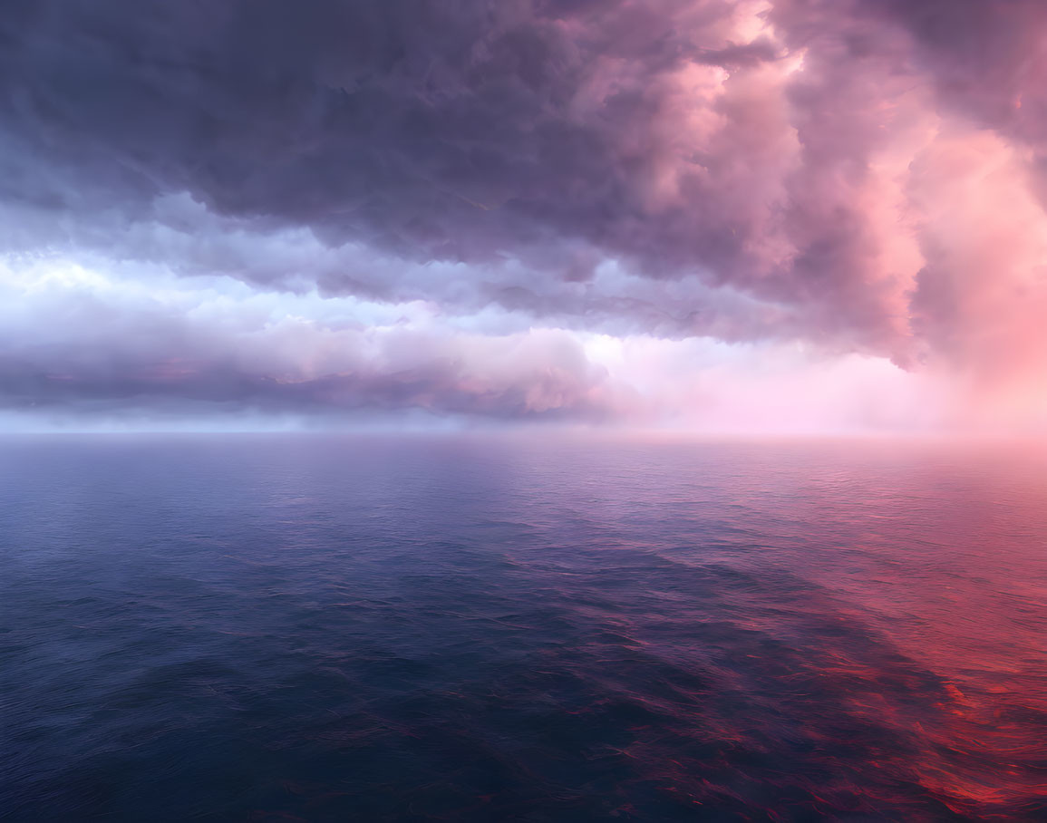 Tranquil ocean under dramatic pink and purple sky