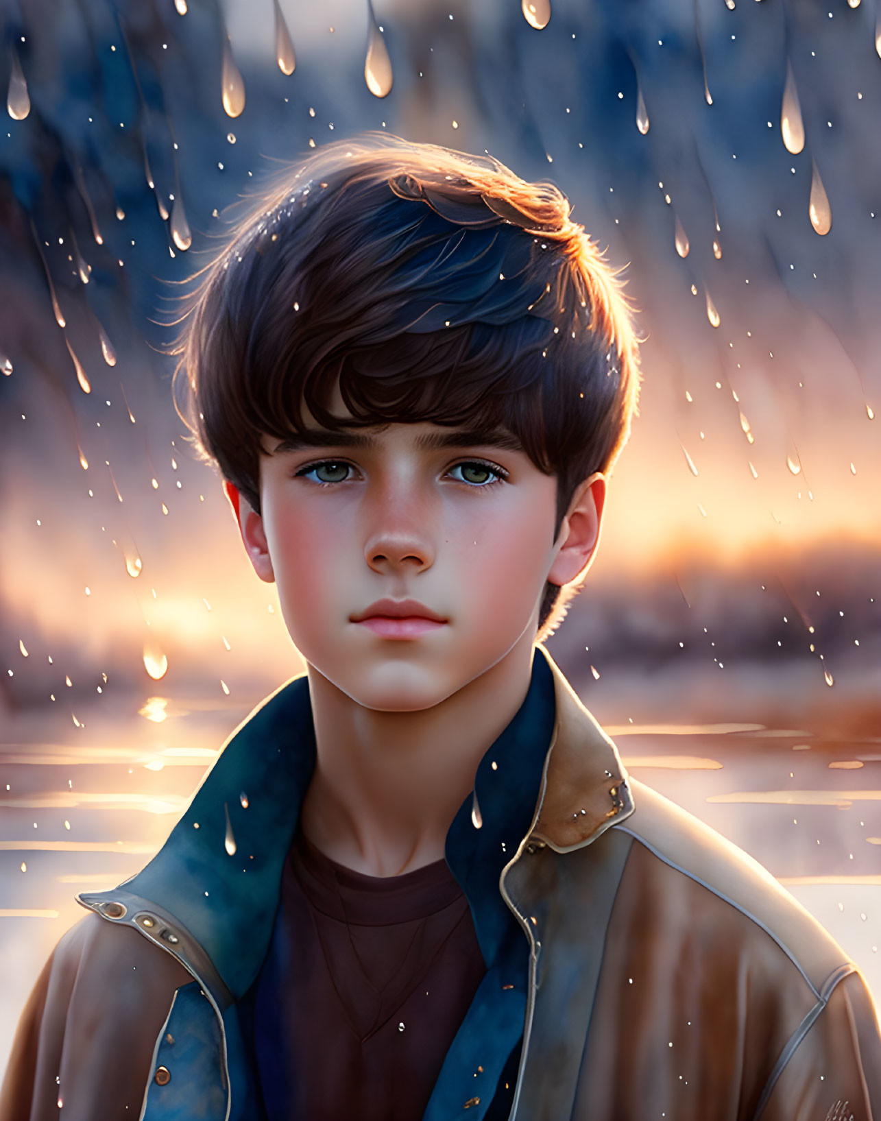 Digital artwork: Young boy with blue eyes in rain with golden sunset