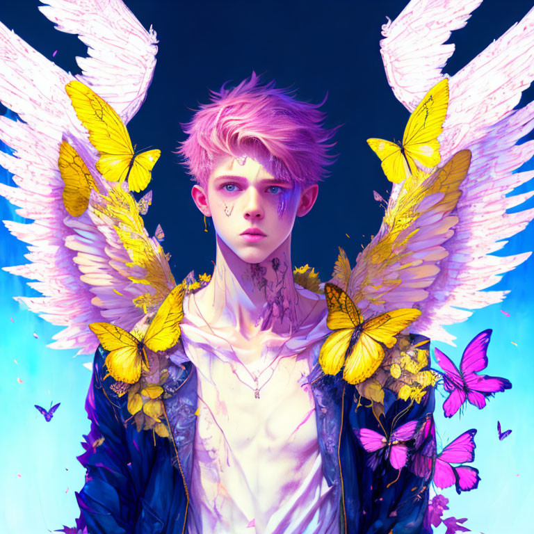 Person with Pink Hair and Butterfly Wings Surrounded by Butterflies on Vibrant Blue Background