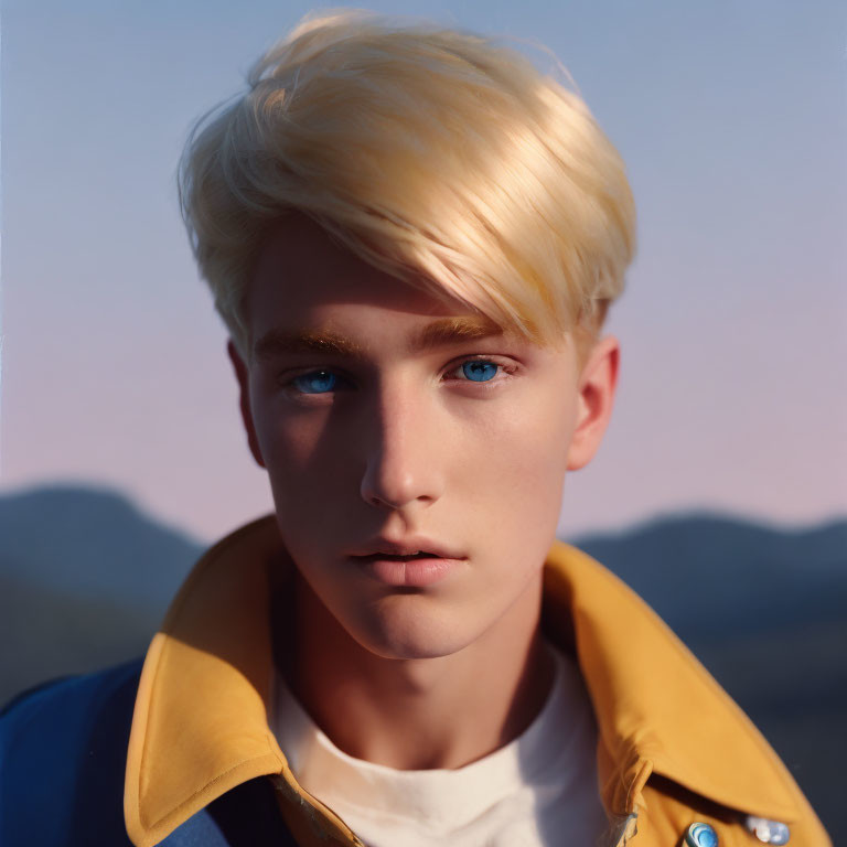 Young male with blond hair and blue eyes in yellow and blue jacket against dusky sky.