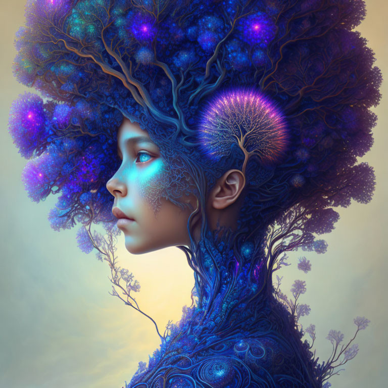 Portrait of person with blue and purple tree-like patterns and intricate foliage veins.