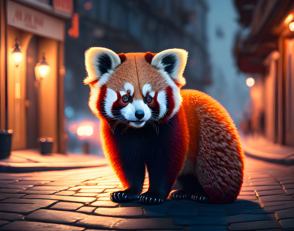 Vivid Red Panda on Cobblestone Street at Dusk