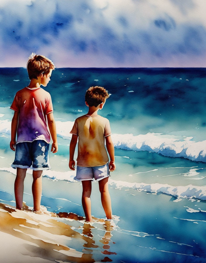 Children admiring ocean waves in vibrant watercolor.