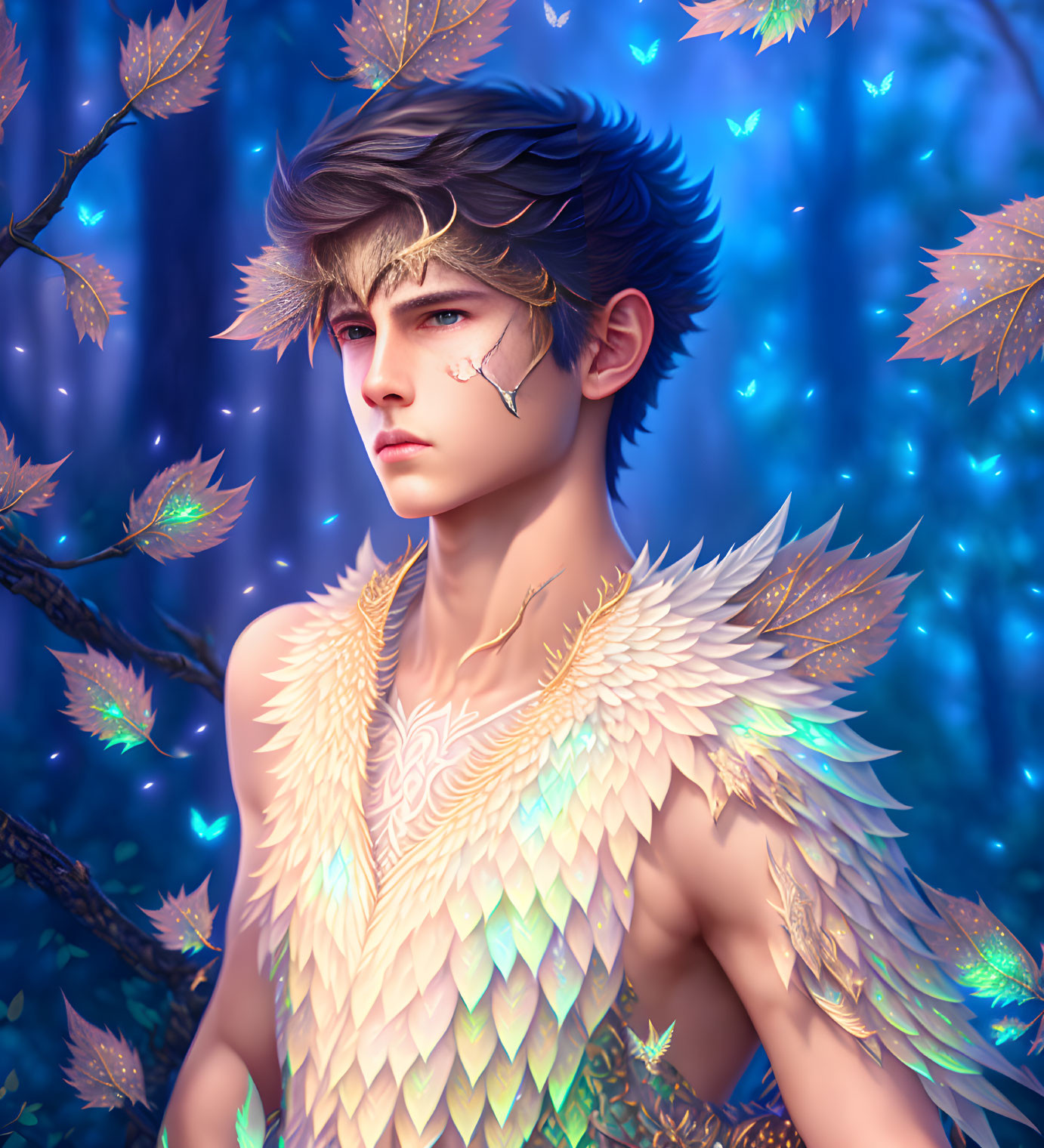 Fantasy character with feathered armor in glowing blue forest