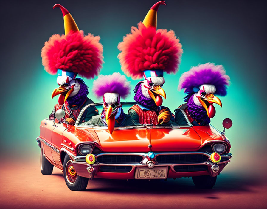 Anthropomorphic birds with punk hairstyles in a classic red convertible on teal background