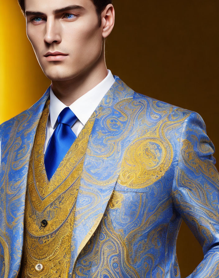 Chiseled Jawline Man Models Luxurious Blue and Gold Suit in Yellow Background