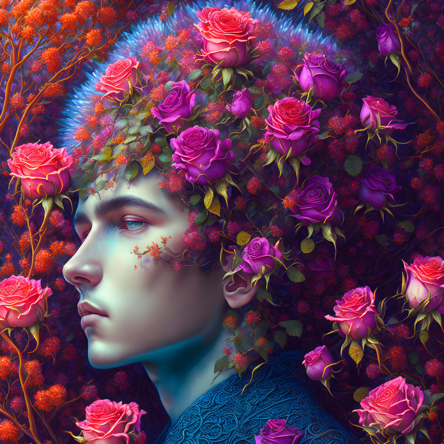 Portrait of a person with blue skin and floral head in surreal setting