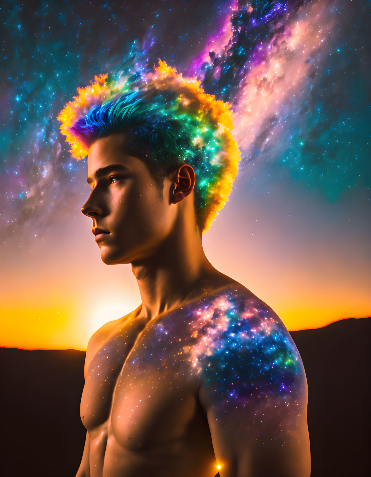 Man with cosmic pattern merges with starry nebula at sunset