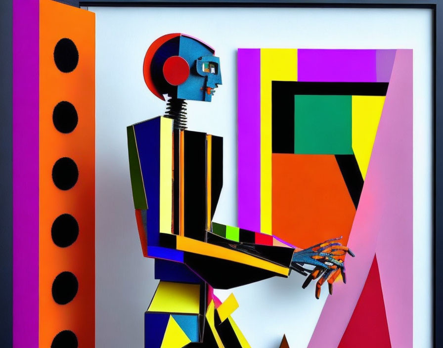 Vibrant Cubist-Inspired Art: Humanoid Robot with Abstract Shapes