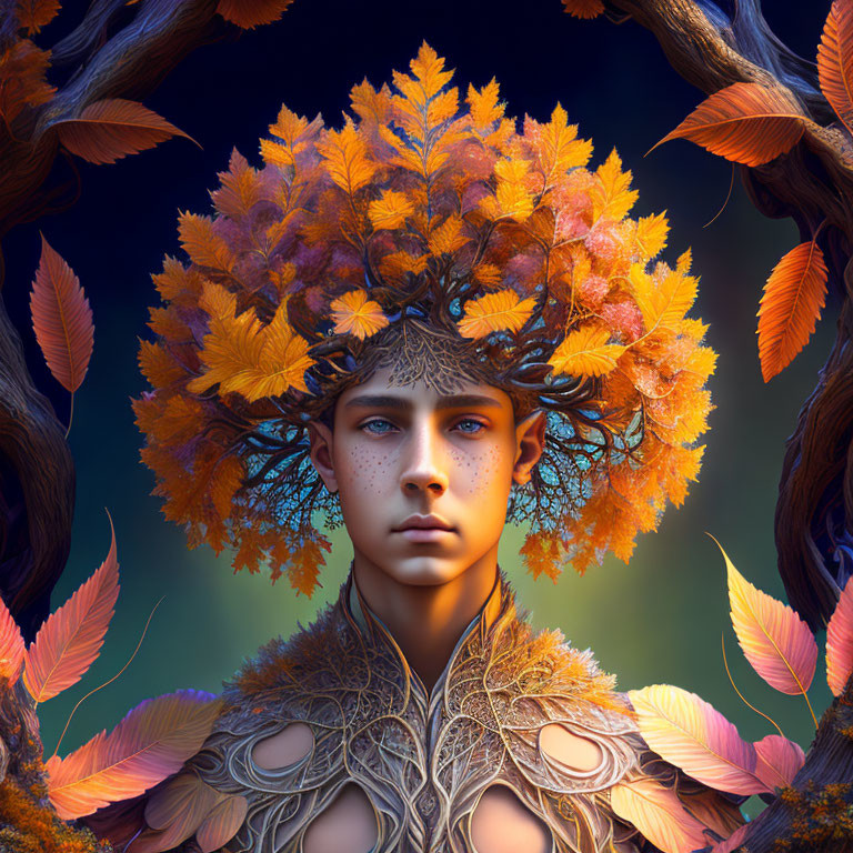 Mystical being portrait with autumn leaves hair and leafy skin patterns