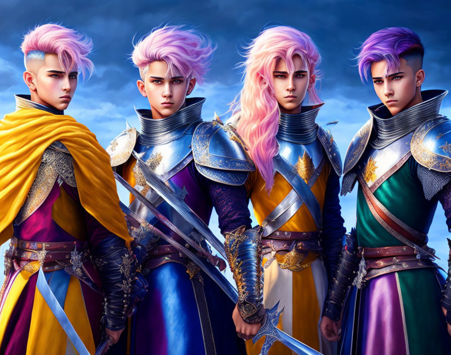 Animated warriors in medieval armor with pink and purple hair under twilight sky