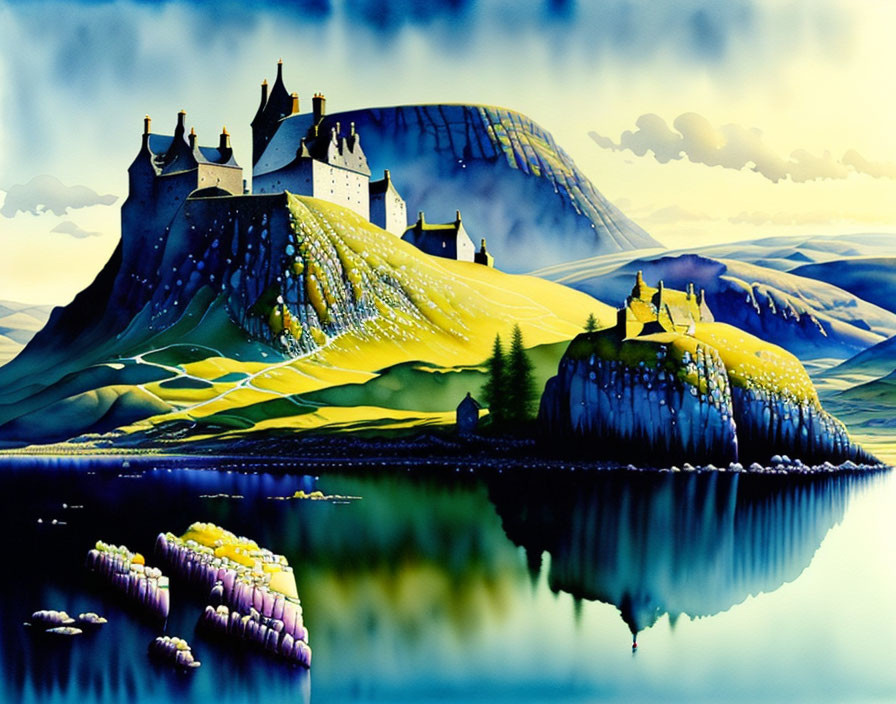 Colorful painting of castles on hills with water and misty clouds